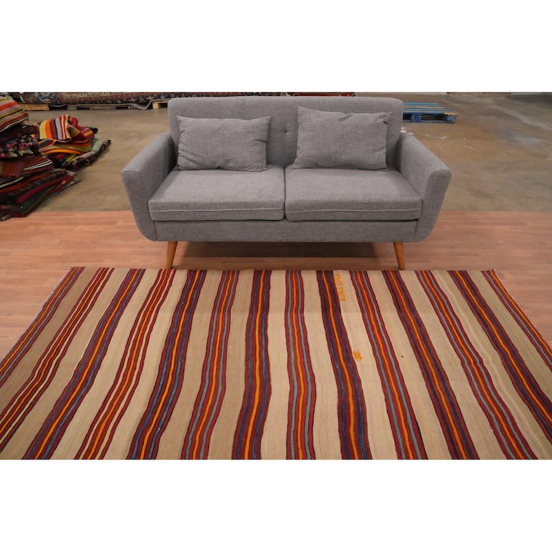 Hand Woven Oriental 100% Wool Carpet Southwestern Geometric Multi-Colored Kilim Area Rug - 8' 1'' X 4' 10''