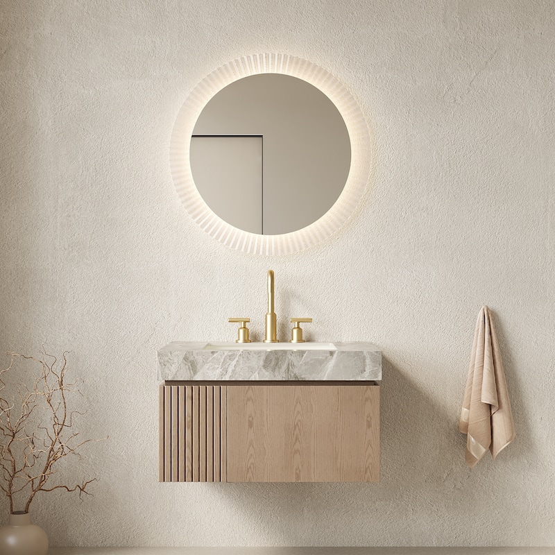 Floating Bathroom Vanity with Undermount Ceramic Basin with 3 Pre-drilled Faucet Holes - Light Brown and Light Gray - 29.92'' x 18.9'' x 17.72''