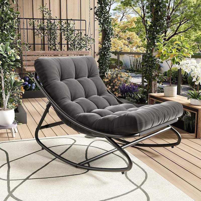 Outdoor Patio Papasan Rocking Chair with Cushion for Porch, Garden, Living Room - Grey