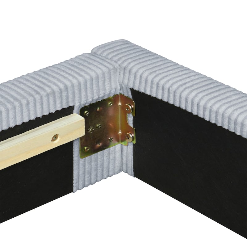 L-Shaped Backrest Bed Frame, Corduroy Upholstered Daybed, Wood Low Profile Panel Bed for Bedroom
