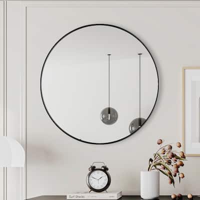 GDF Studio - Rosita 28 Inch Round Metal Framed Wall Mirror - Black