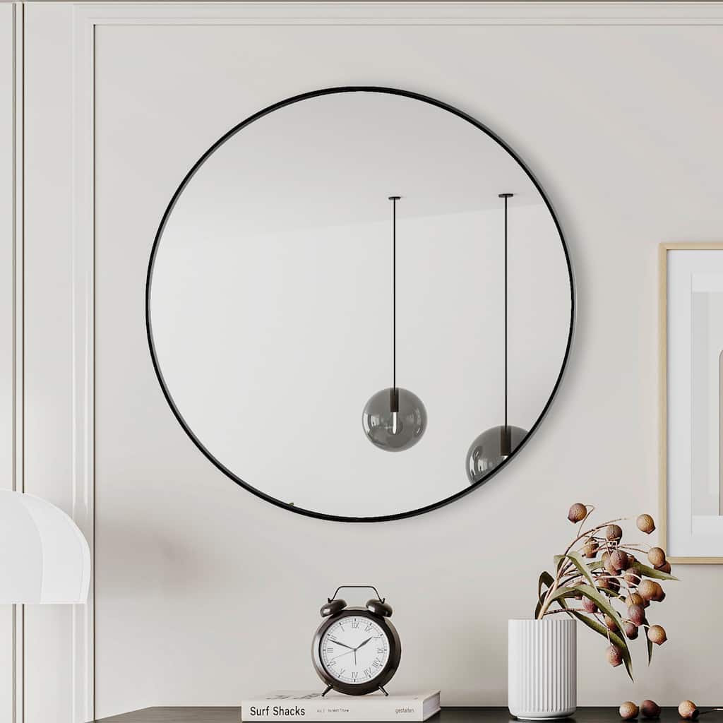 GDF Studio - Rosita 28 Inch Round Metal Framed Wall Mirror - Black