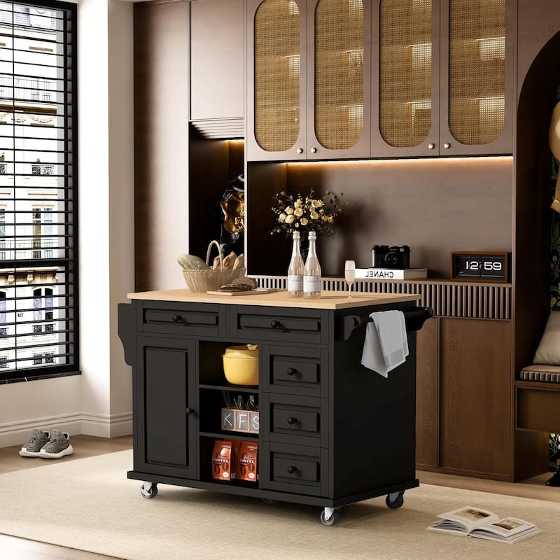 Roomfitters Kitchen Cart with Rubber wood Desktop - Rolling Mobile Kitchen Island with Storage and 5 Drawers, 53 Inch Length - Black
