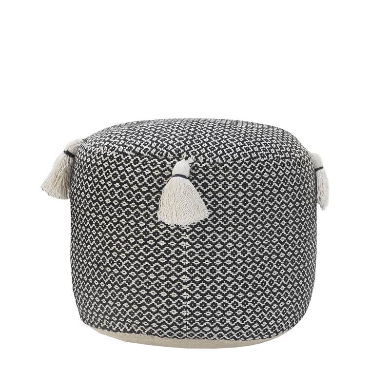 HomeRoots 18" Black Cotton Cylinder Geometric Pouf Ottoman