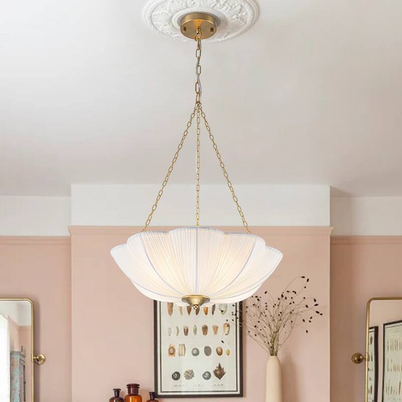 French Country White Ribbed Fabric Bloom Cage Pendant Light 19.3 in