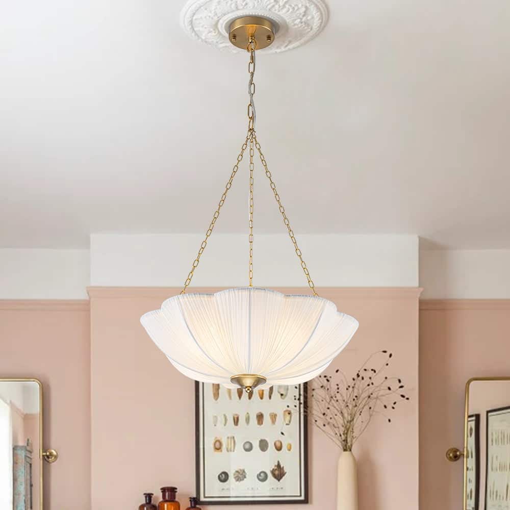 French Country White Ribbed Fabric Bloom Cage Pendant Light 19.3 in