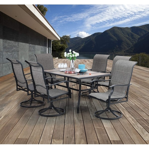 slide 9 of 8, 7 Pieces Patio Dining Set, Rectangular Wood-Like Table with 6 Padded Textilene Fabric Swivel Chairs 7-Piece Sets