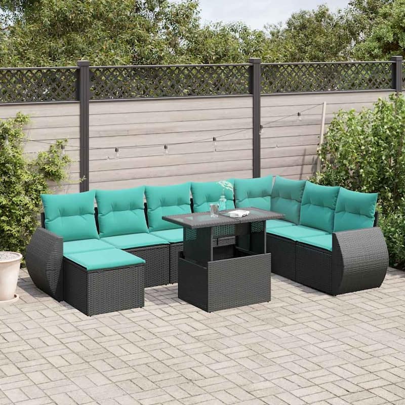 vidaXL Patio Sofa Set with Cushions and Table Outdoor 9 Piece Poly Rattan - 24.4 x 24.4 x 27.2 - Black without storage