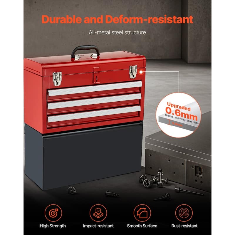 20.5 Inch Red Portable Metal Toolbox with 3 Storage Drawers and Auto Locking System - 20.5 x 8.6 x 12 in