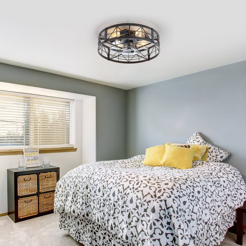 20" 7-Blade Flush Mount Caged Ceiling Fan with Light Remote