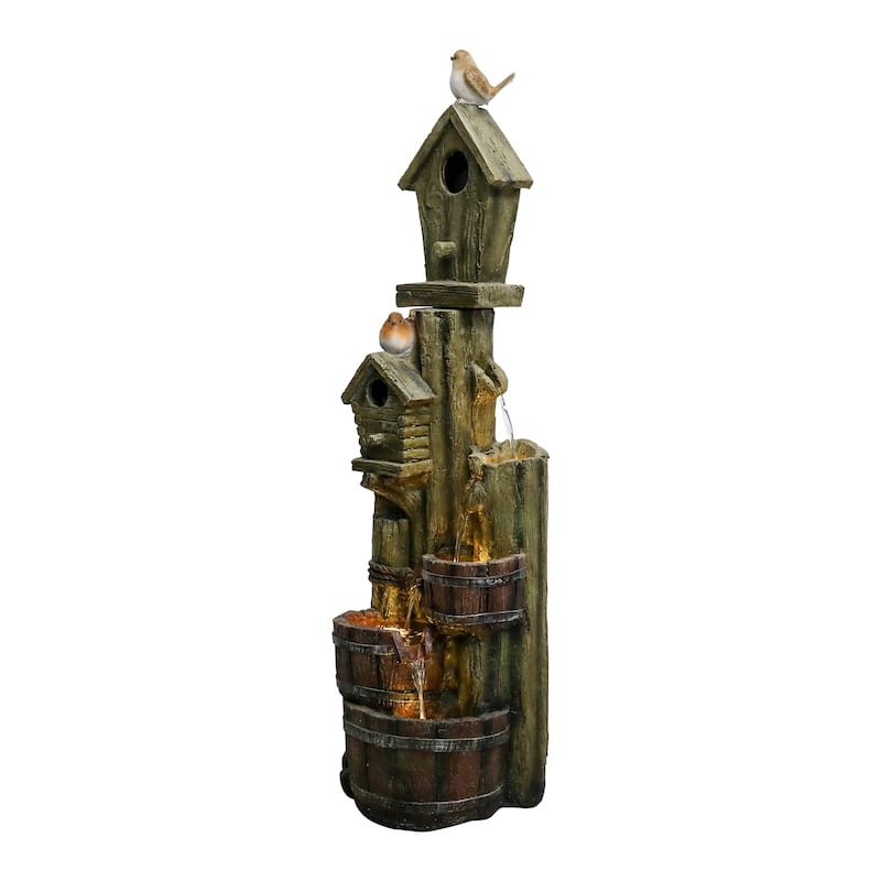 39.3in Outdoor Water Fountain w/LED Lights, Birdhouse Garden Fountain