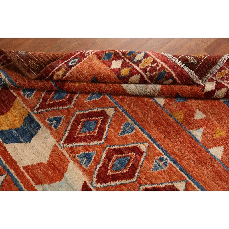 Orange Tribal Geometric Moroccan Rug Hand-Knotted Wool Carpet - 6'7" x 9'6"