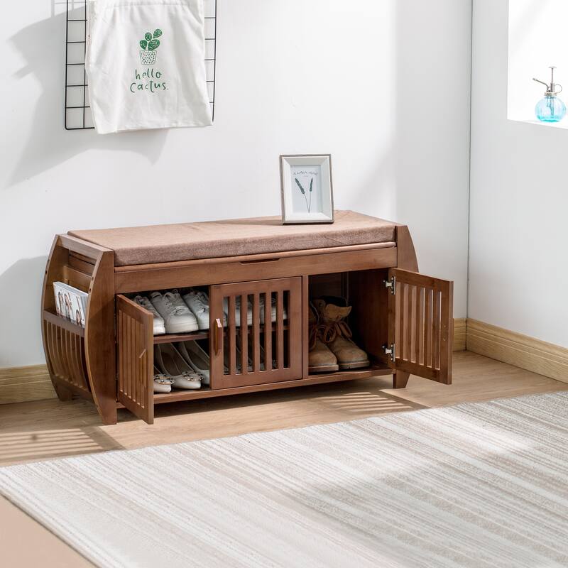 Bamboo Shoe Storage Bench with Storage Space and Padded Seat Cushion, for Entryway, Living Room, Bedroom, Brown
