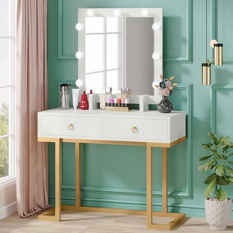 Vanity with Lighted Mirror, White Makeup Dressing Table with 2 Drawers