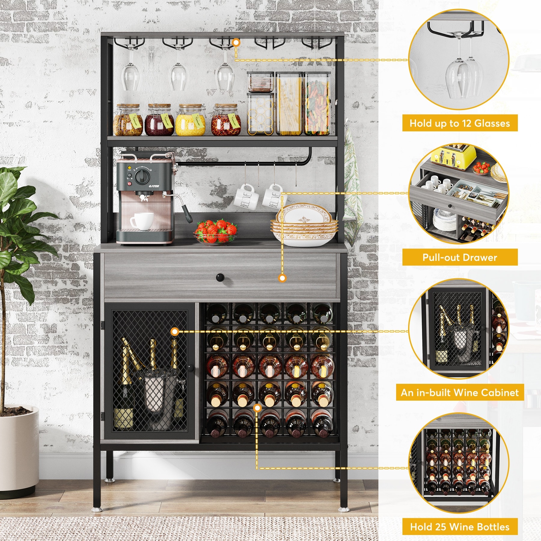 Freestanding 32-bottle Wine Rack Table with Drawer and Hooks, Liquor  Cabinet with Wine Glass Holders, Wine Bakers Rack, Brown On Sale Bed  Bath  Beyond 36184704