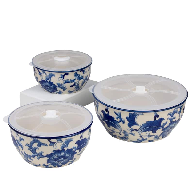 Euro Ceramica Blue Garden 3 Piece Storage Bowl Set with Lids