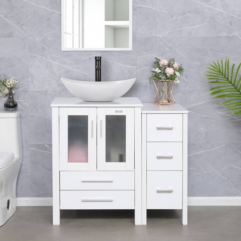 36" White Bathroom Vanity Sink Set with Side Cabinet Vessel Sink Faucet Combo - white ceramic boat sink