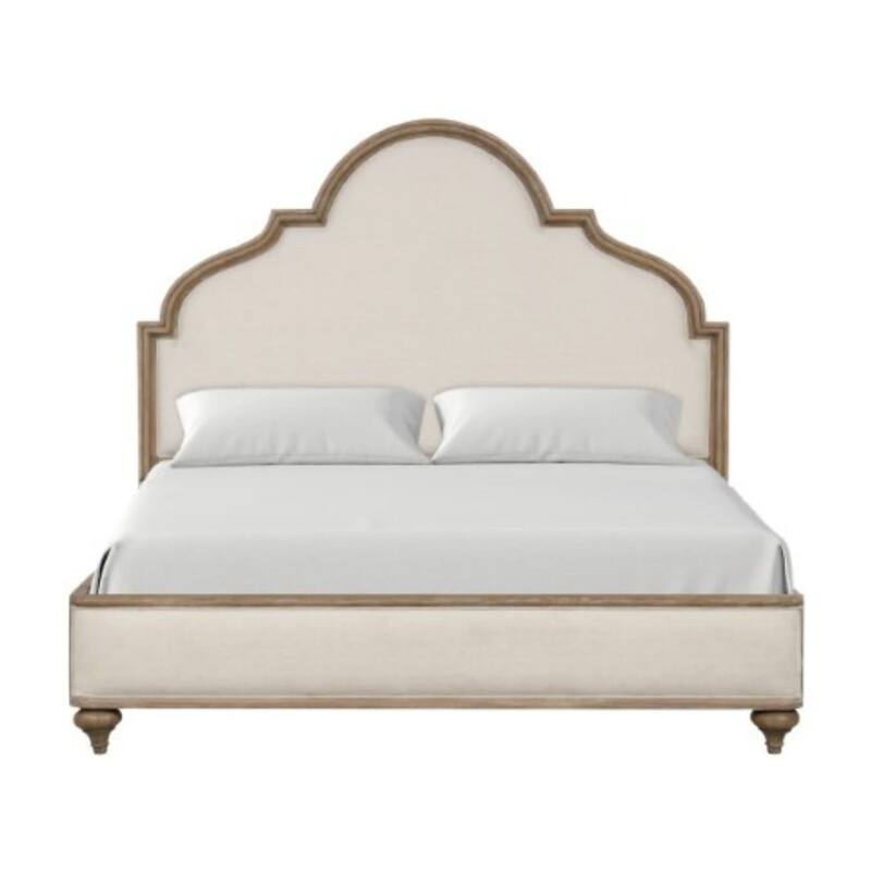 Lyla Queen Bed, Scalloped Ivory Upholstery, Rustic Oak Solid Wood