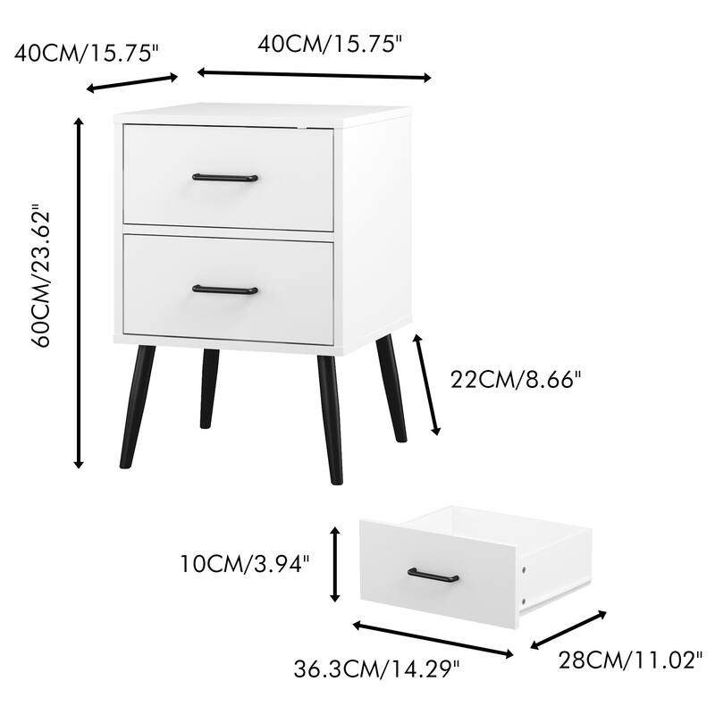 2-Drawer Nightstand with Metal Legs and Metal Handles, Modern White Bedside Table, Small End Table for Bedroom, Living Room