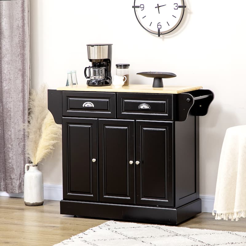 Kitchen Island with Storage, Rolling Kitchen Serving Cart with Rubber Wood Top, Storage Drawer and Cabinet - Black