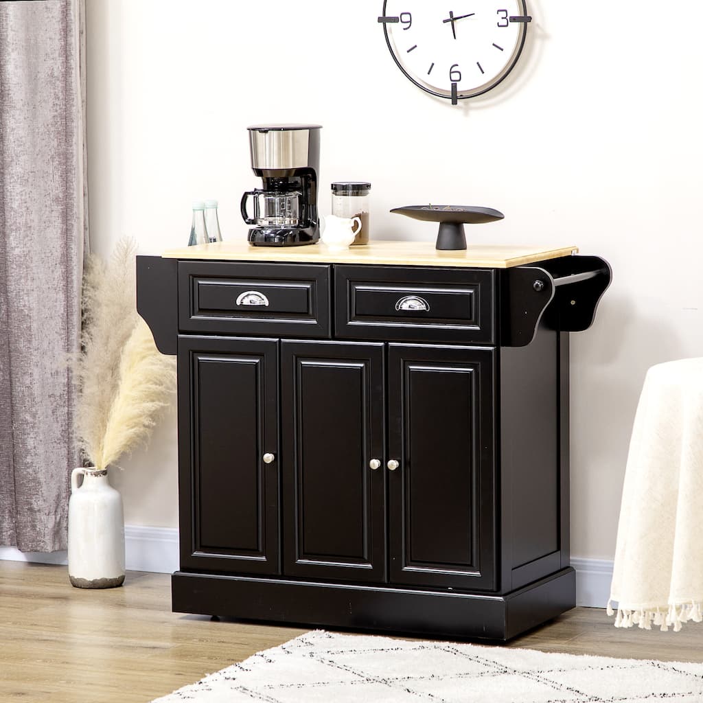 Black Rubberwood Kitchen Cart with Drawers, Cabinets and Spice Stand - 43.25" W x 17.75" D x 35.75" H