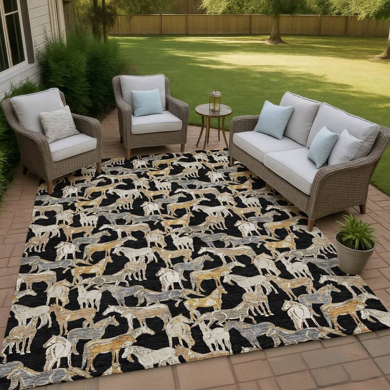 Machine Washable Indoor/ Outdoor Horse Herd Chantille Rug - Black - 10' x 14'