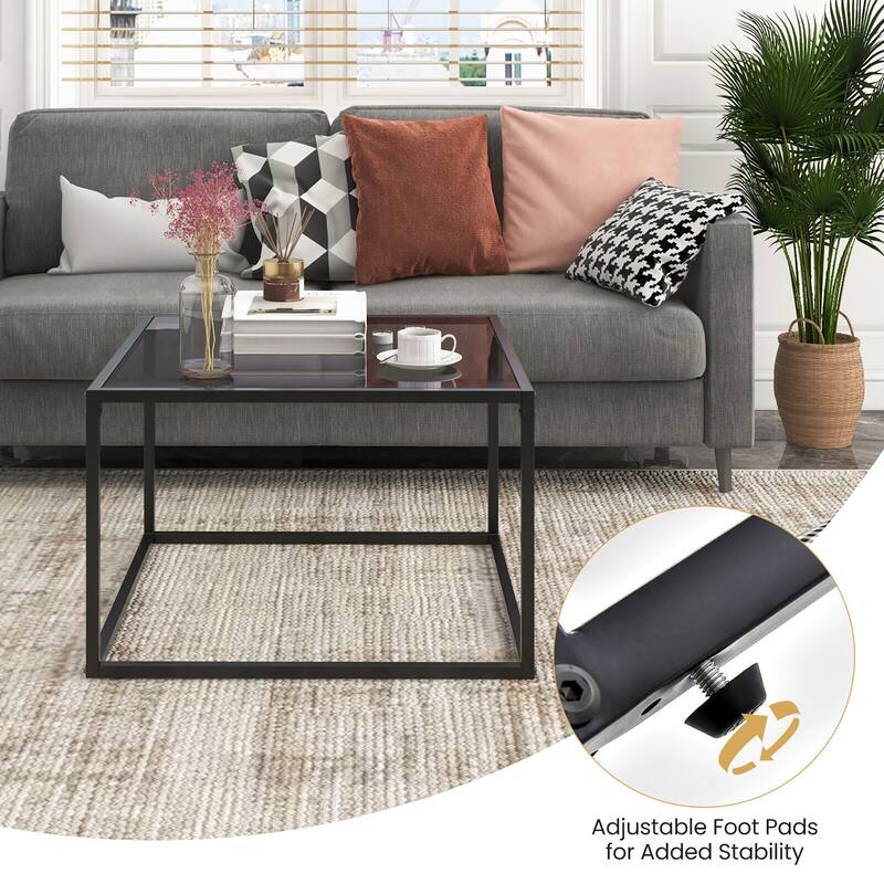 Gymax Glass Coffee Table 27.5 Inch Modern Square Metal Frame Living