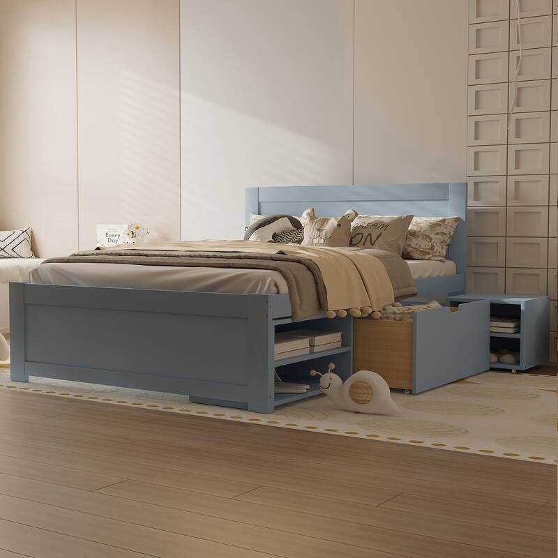 Full Size Wooden Platform Bed Frame with Drawer and Two Shelves, Ample Storage and Space-Saving Design, Bedroom Furniture