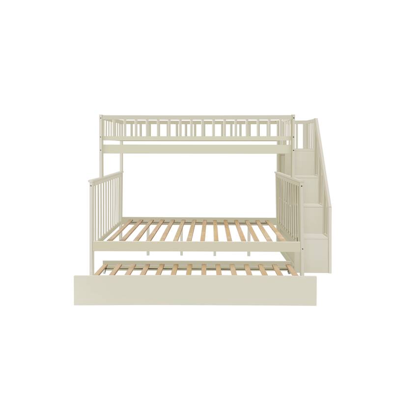Cream Twin over Full Stairway Bunk Bed with Trundle and Storage