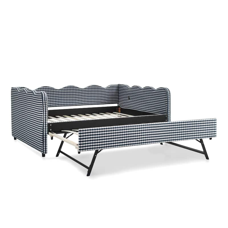 Full Size Gingham Daybed with Twin Trundle, USB Port, Wave Shaped Design & Linen Fabric - No Box Spring Needed