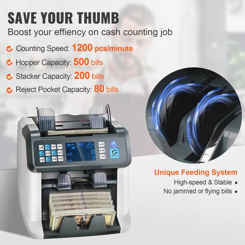 VEVOR Money Counter Machine, Bill Counter with UV, MG, IR and DD Counterfeit Detection