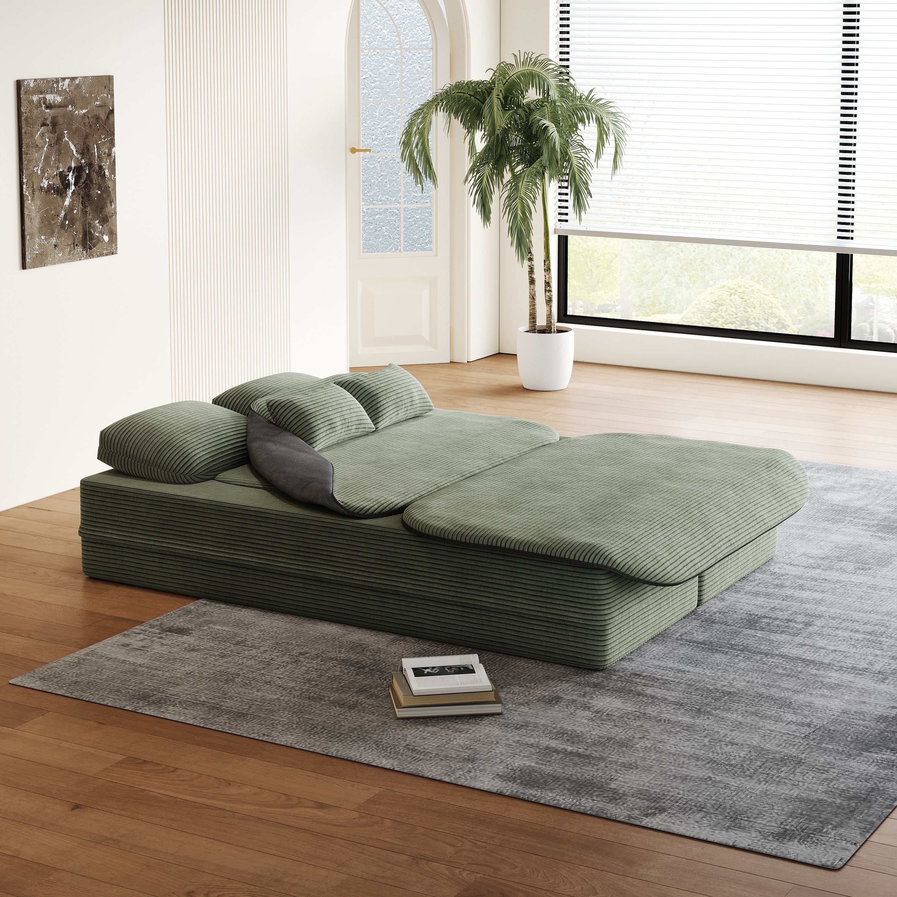 75 inch 2 in 1 Foldable Sofa Convertible Sleeper Foam with Blanket Corduroy Floor Sofa