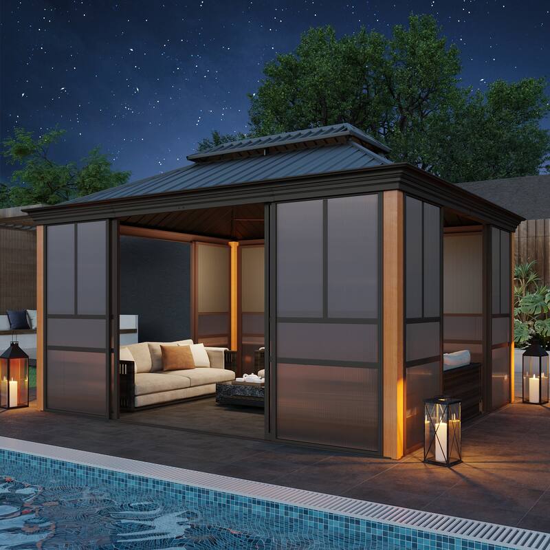 Outdoor Solarium Sunroom,Patio Hardtop Gazebo,All-Season Aluminum Patio Gazebo with with Sliding Doors and Screens