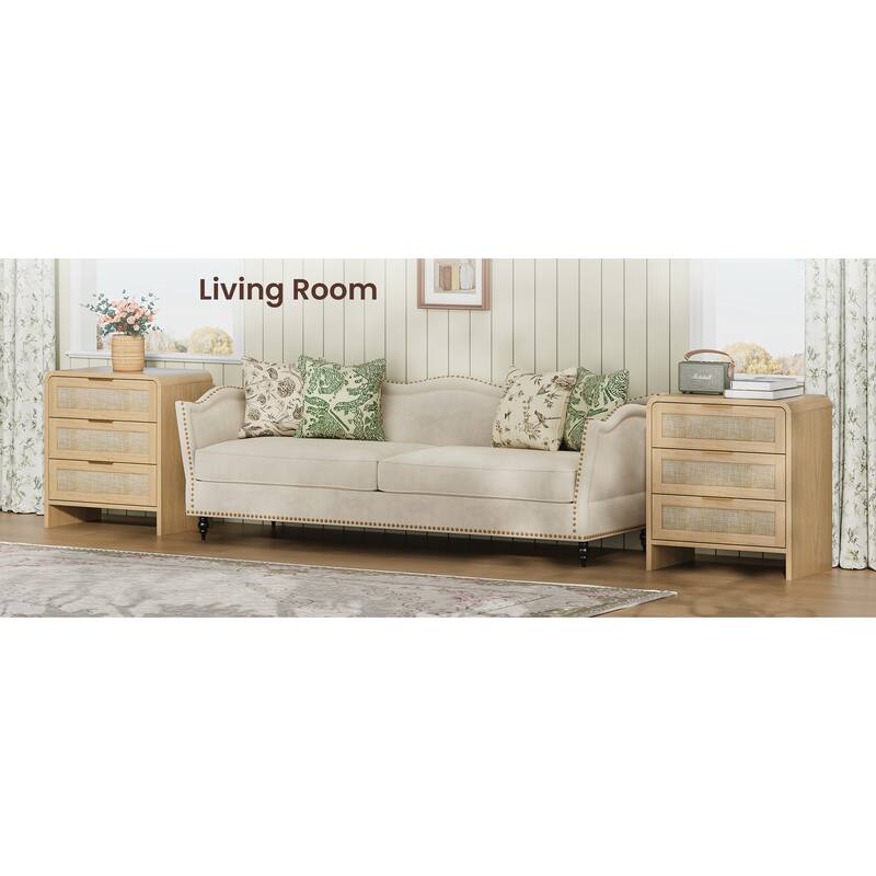 Rattan Nightstand with 3 Drawers, 22.8" Wide Curved Wooden Bedside Table, Modern Storage for Bedroom