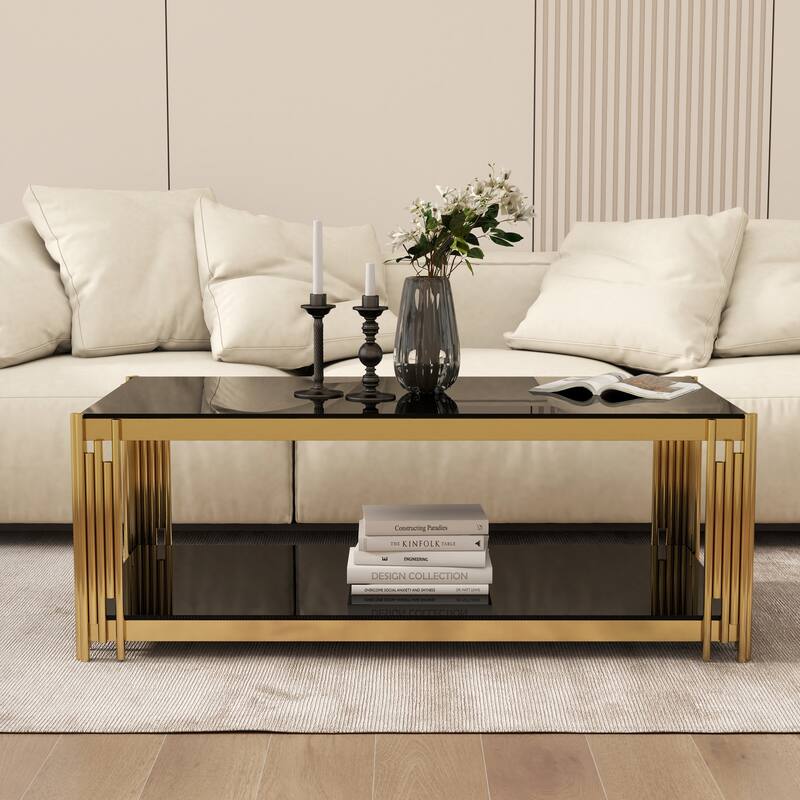 47"Rectangular Gold Glass Double-Layer Coffee Table, Black Tempered Glass Tabletop, Gold Stainless Steel Metal Legs