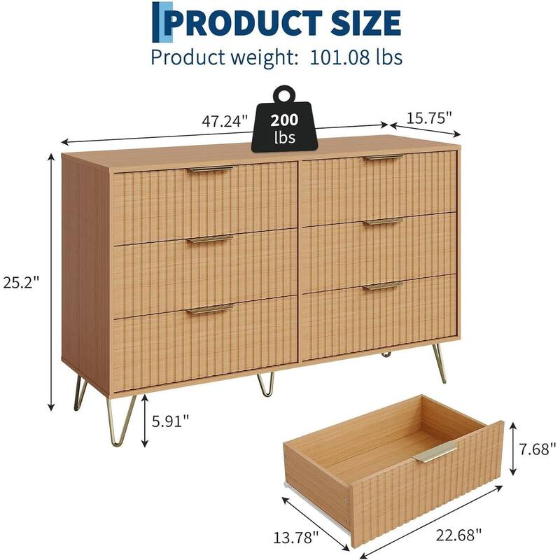 47" Wide Modern Fluted Dresser for Bedroom with 6 Drawers