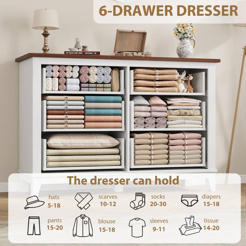 6 Dresser for Bedroom, 47" Wide Drawer Dresser with Storage Freestanding, Wooden Closet Storage