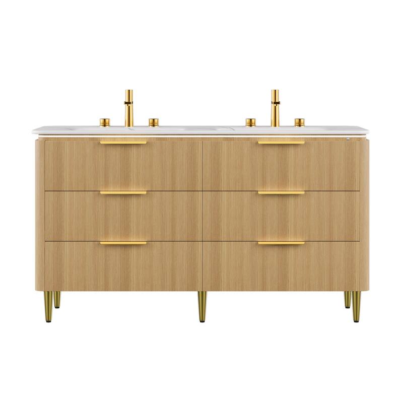 60'' Freestanding Bathroom Vanity with Double Sintered Stone Basins - 59.84'' x 20.47'' x 34.69''