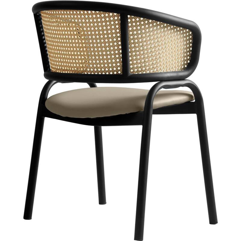 LeisureMod Set of 2 Modern Leather Dining Chair with Wicker Back & Black Steel Frame - Accent Side Armchair for Home Furniture