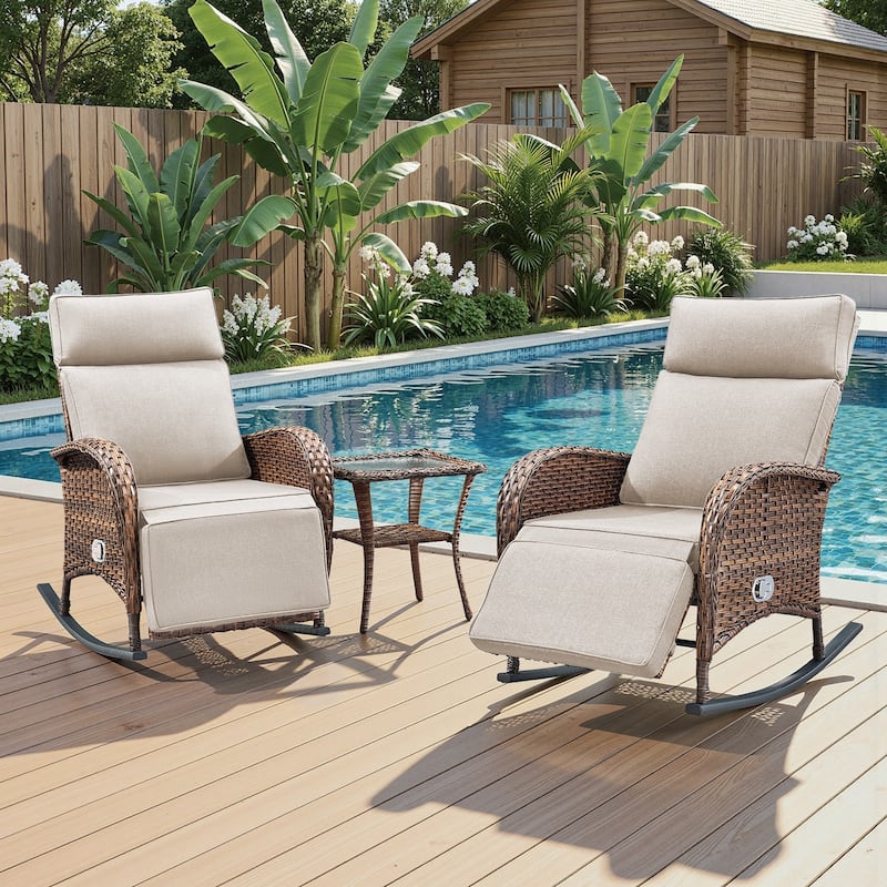 Meyreso Wicker Rocking Reclining Chaise Lounge with Adjustable Backrest & Footrest