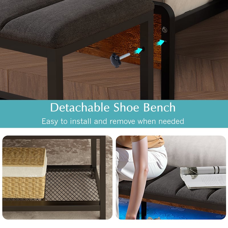 Javlergo Bed Frame with Bench, Bedframes with Charging Staions, Headboard and Storage Bench, LED Lights and Storage Shelves