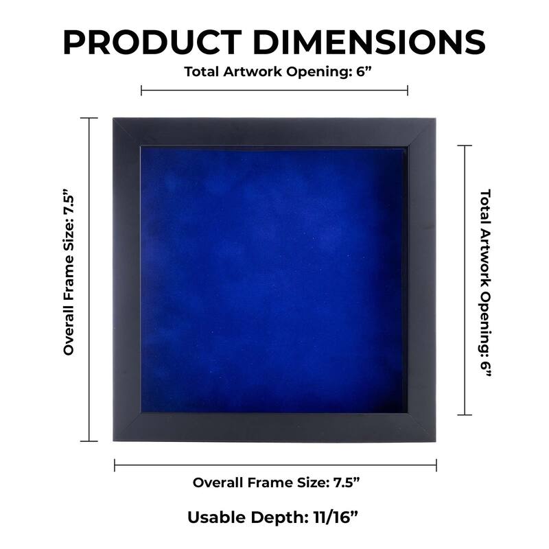 6x6 Shadow Box Frame Black Wood | With a 3/4" Usable Display Depth | Includes a Royal Blue Real Suede Texture Acid-Free Backing