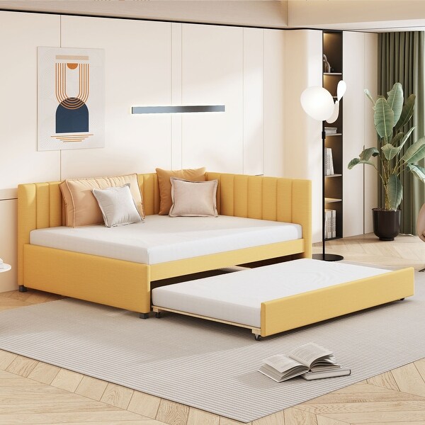 Full Size Daybed Extendable Low profile Trundle Bed L shape Guardrail Sofa Bed with Grounded Guest Bed Yellow Linen Upholstered Bed Bath Beyond 40533938