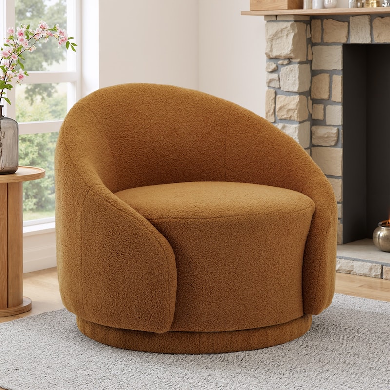 Modern Upholstered Swivel Barrel Chair Accent Lounge Chair - Boucle - Red Brown