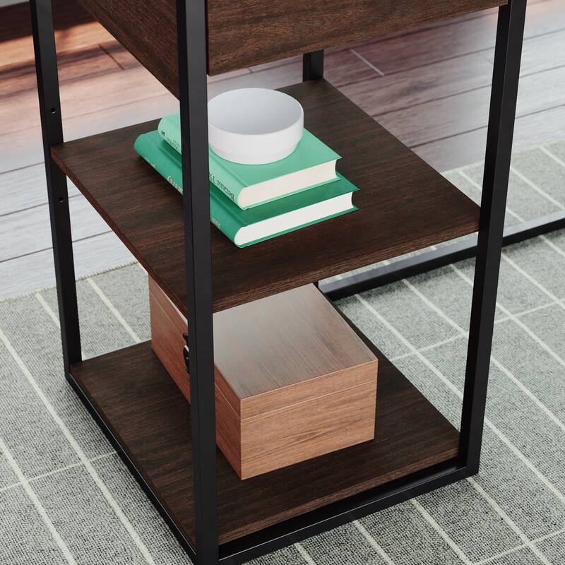 Wood L-Shaped Desk with Five-Shelf Bookcase, Brown