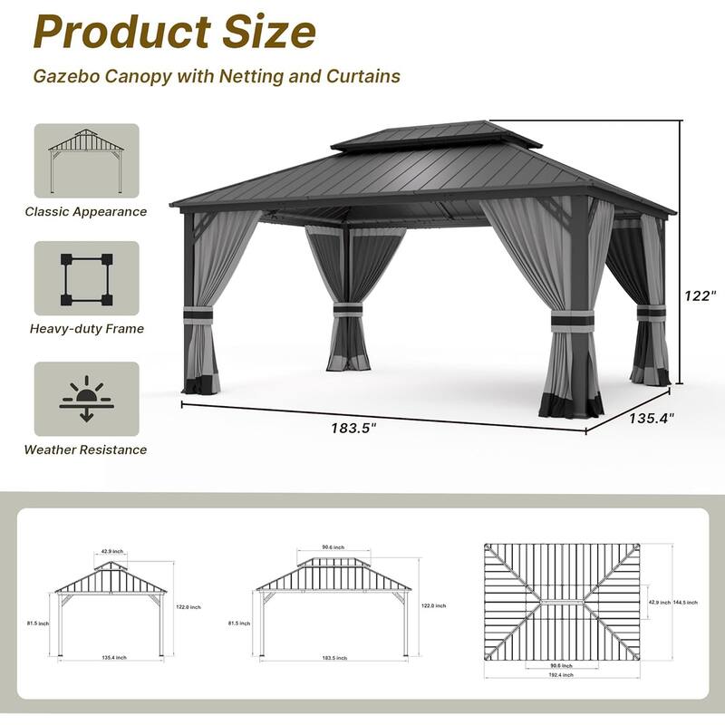 Kullavik Hardtop Gazebo w/ Galvanized Steel Roof & Aluminum Frame, New Outdoor Canopy w/ Mosquito Net & Curtain, Patio Pergola