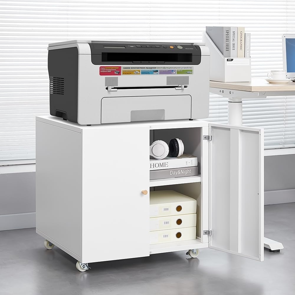 Metal Printer Stand with File Storage Cabinet, Printer Cabinet File Cabinet On Wheels with Door and Adjustable Shelf