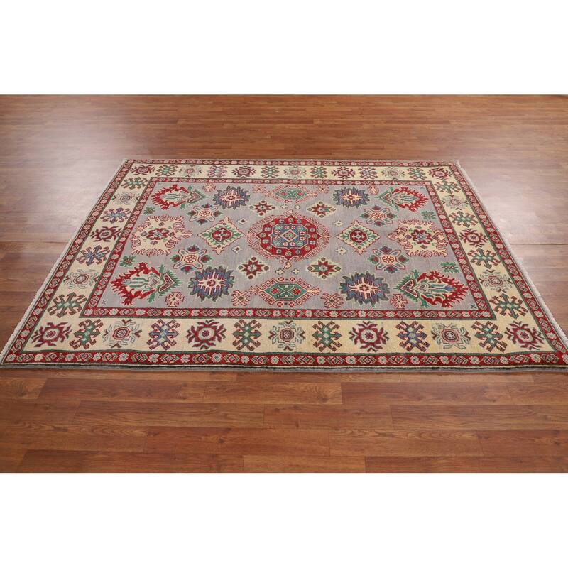 Grey Geometric Kazak Oriental Area Rug Handmade Wool Carpet - 5'1" x 6'9"