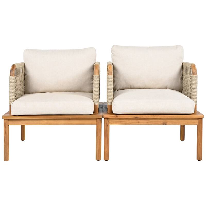 Set of 2 Outdoor Acacia Wood and Rope Club Armchairs with Cushions - 2-Piece