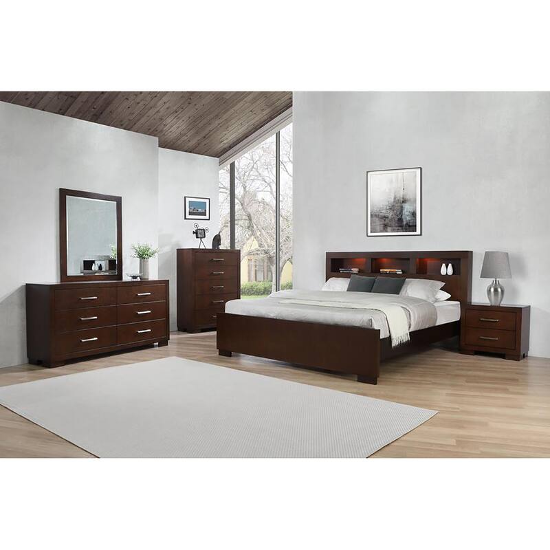 Contemporary Queen Bed with Bookcase Headboard in Cappuccino Finish